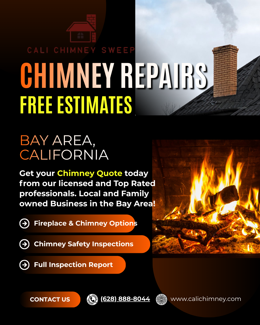 Chimney repair in napa california offering free estimates with chimney on top and a lit fireplace below .